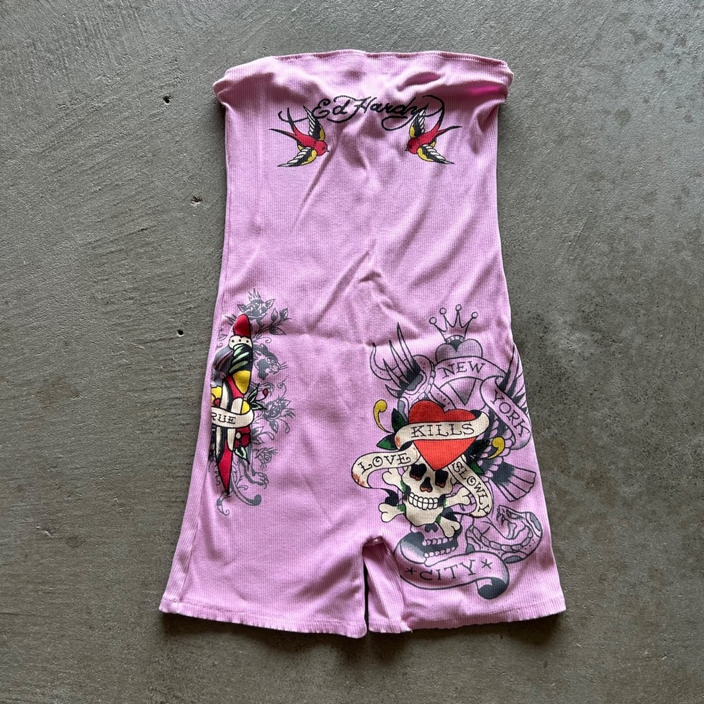 Vintage Y2K Ed Hardy Tube Romper Womens XXL Pink Love Kills Slowly Ribbed Tattoo